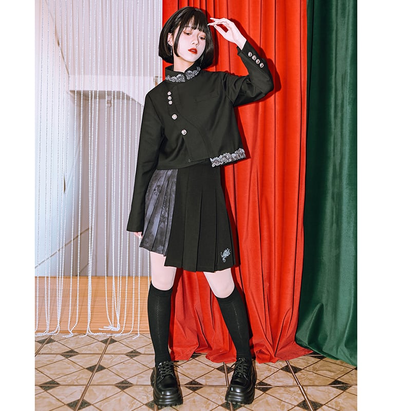 ✿New item! [Kokaisha --- Kaiten Series] ★China style outerwear★ Blazer, short length, embroidery, easy to match, black, black