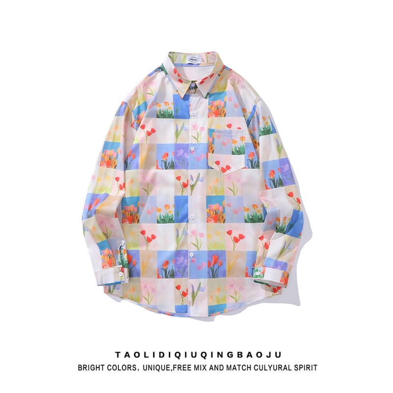 [MOISHE TIDE Series]★Shirt★ Tops, long sleeve shirt, unisex, men's, floral pattern shirt, thin, plaid pattern