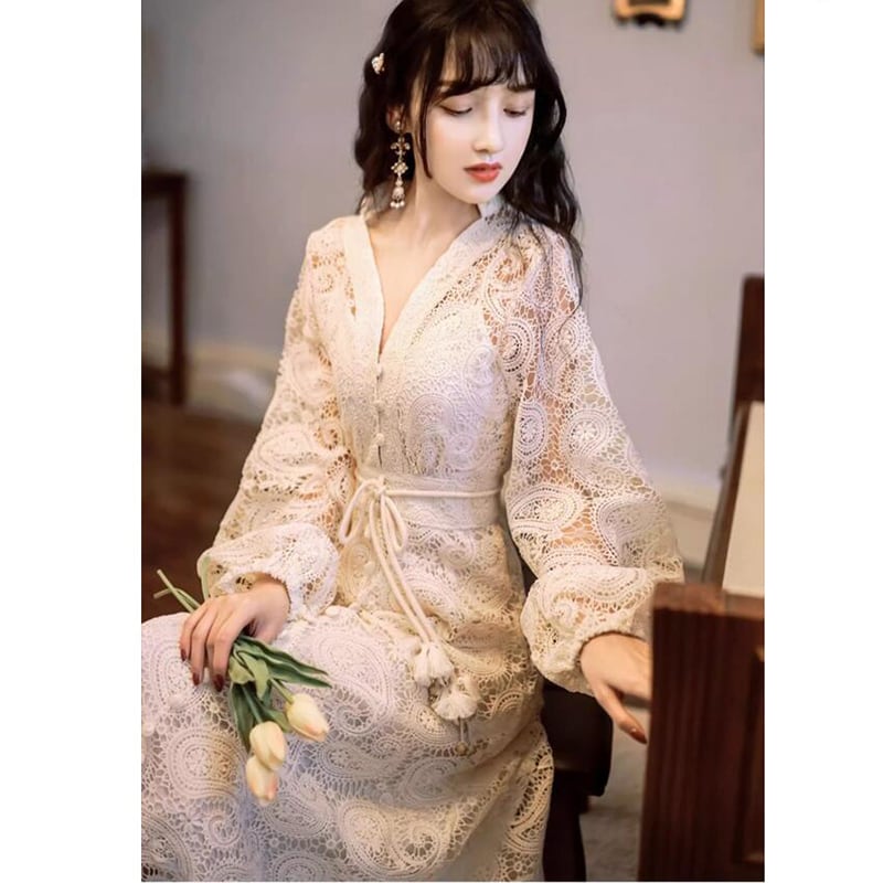 [GYBN Series] ★One Piece★ Lace V-neck Improves Temperament Retro Apricot Long Length Party