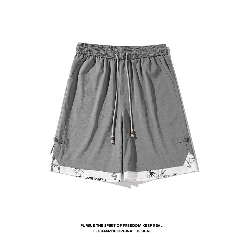 [BIGEMAN Series] ★Shorts★ Chinese-style pants, 2 colors, bottoms, short pants, unisex, men's, fake layered, black, gray