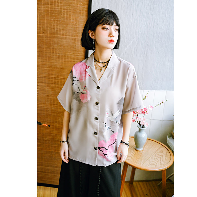 [Kogaesha---Crane Series] ★Chinese-style top★ Short-sleeved shirt, unique, original crane print