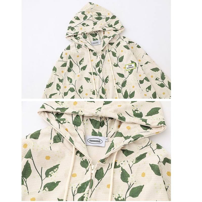 [BEAT BOY Series] ★Outerwear★ Parka with zipper, unisex, men's and women's print, green leaf jacket, hooded