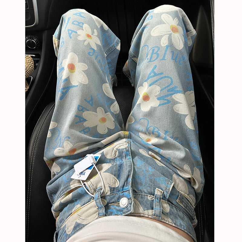 [OURI Series] ★Denim pants★ Trousers Bottoms Floral pattern Casual Easy to match Ladies Fashionable