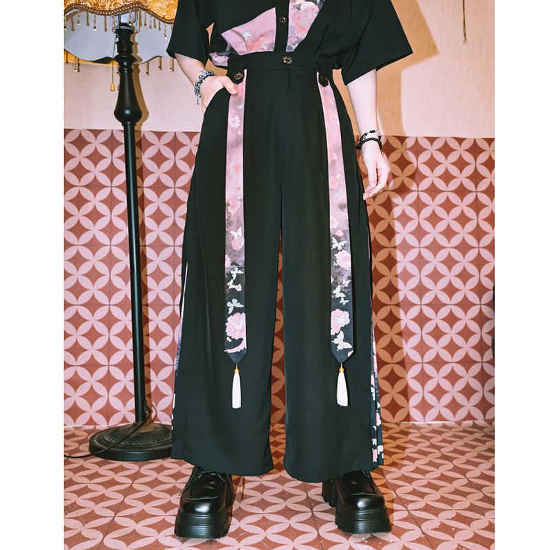 [Kokaisha---Butterfly Gin Series] Chinese-style trousers, bottoms, gaucho pants, original, slimming, switching, floral pattern