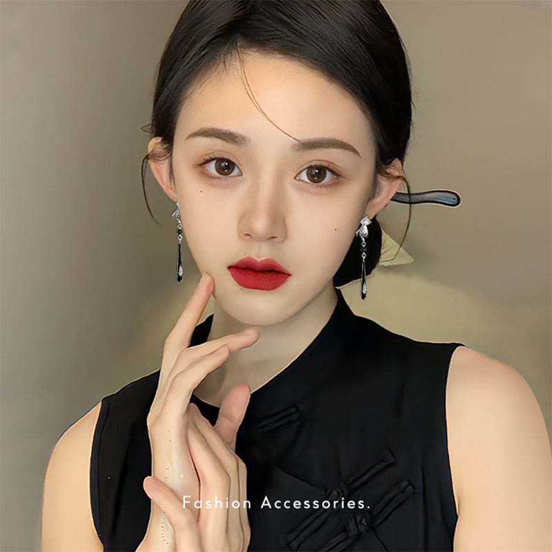 [Picalela Series]★China Style Earring★ Earrings Accessories Women's Long Length Improves Temperament Black