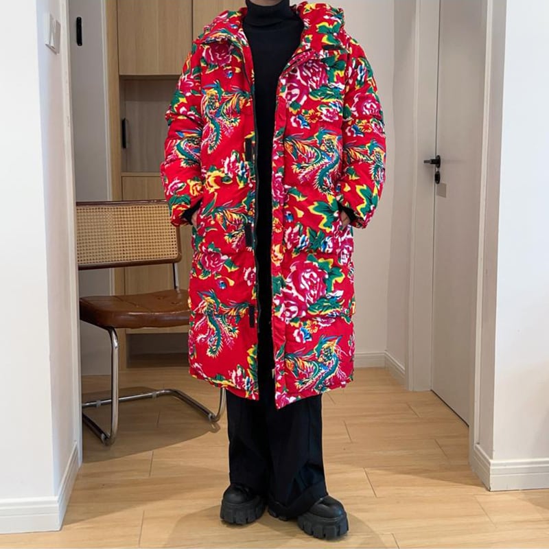 [YEFENG Series]★China style cotton coat★3color tops, floral pattern, winter coat, long length, unisex, men's, large size, black, red, green, blue