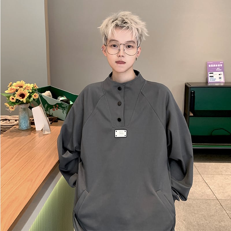 [V37 Series]★Tops★ 3color Sweatshirt Unisex Men's Large Size Stand Neck Black Khaki Brown Gray