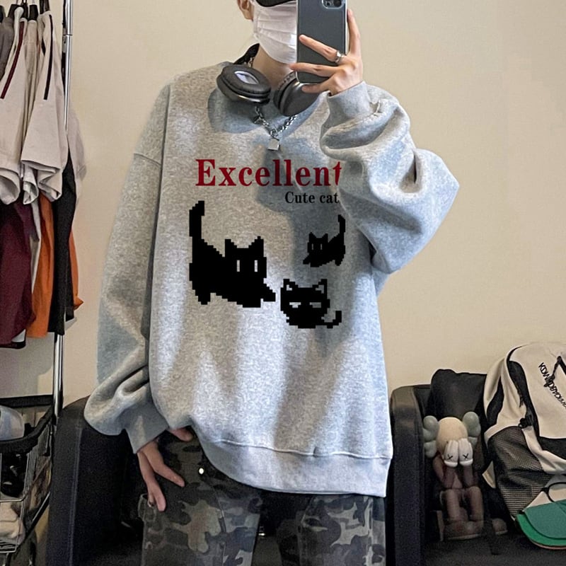 [XIHA Series] ★Tops★ 8color Sweatshirt Unisex Men's Large Size Cat Cat Blue White Black Gray Red Green