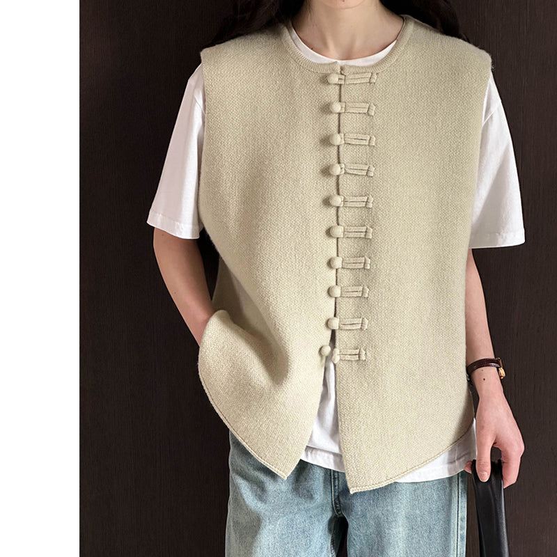 [Tachibana Series] ★China style tops★ 4color Vest Knit Ladies Improves temperament Black Gray Light Green Brown