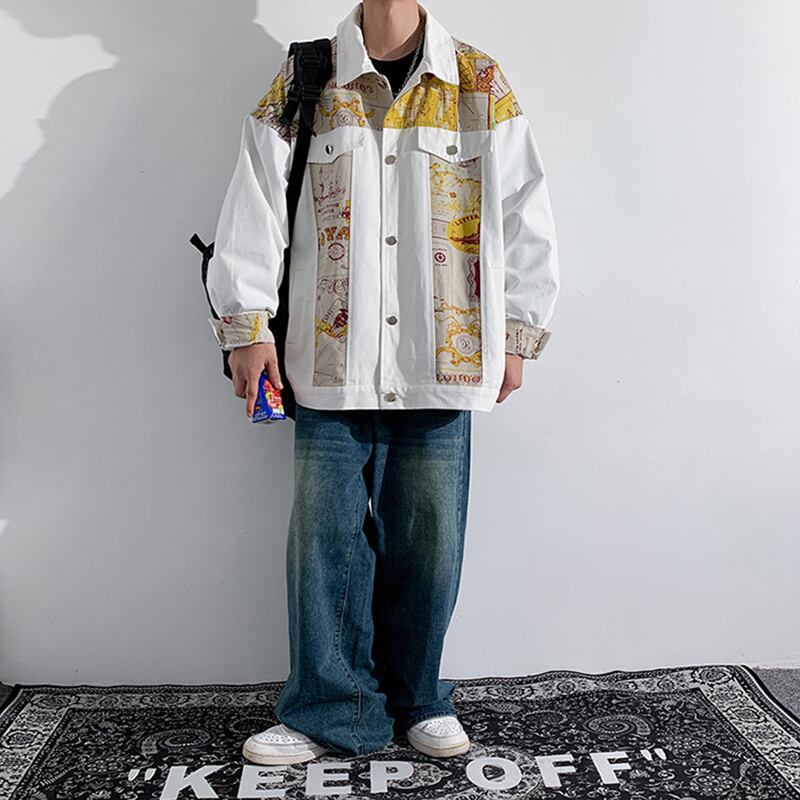 [YUANJI series] ★Jacket★ 3color outerwear without hood switching unisex men's large size white gray blue yellow