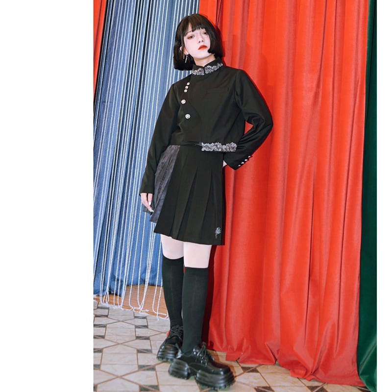 ✿New item! [Kokaisha --- Kaiten Series] ★China style outerwear★ Blazer, short length, embroidery, easy to match, black, black