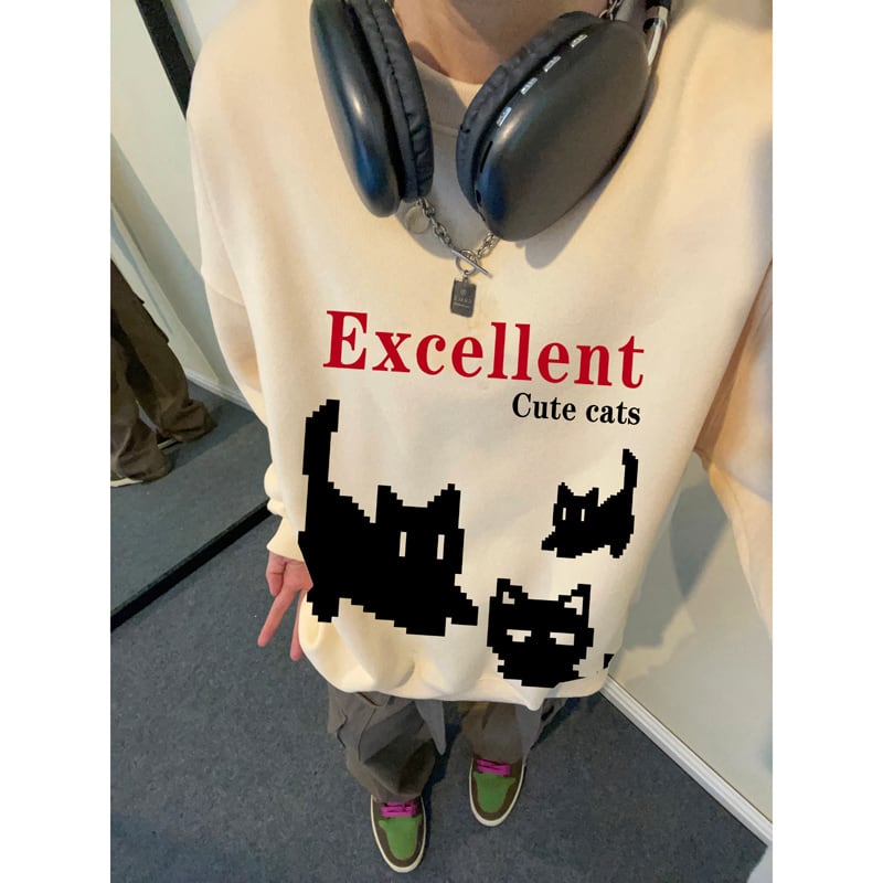 [XIHA Series] ★Tops★ 8color Sweatshirt Unisex Men's Large Size Cat Cat Blue White Black Gray Red Green