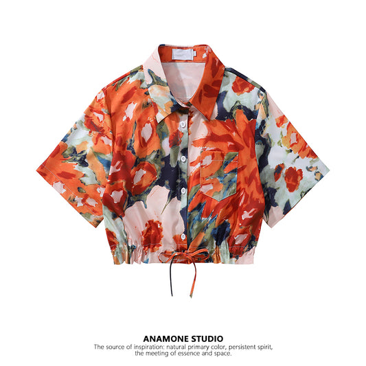 [ANAMONE STUDIO Series] ★Floral shirt★ Tops Short sleeve shirt SML Short length Print Unique Orange Oil painting style