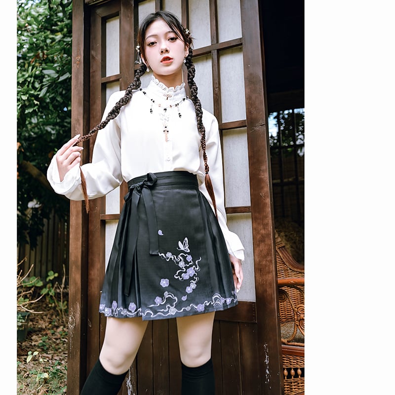 ✿New item! [Ancient monster house --- butterfly series] ★China style skirt★ Maki skirt bottoms short length black black Hanfu skirt