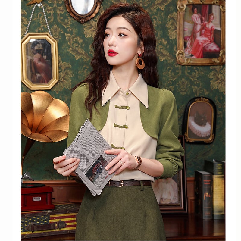 [HQE Series]★China style tops★ Shirt color scheme switching fake layered Chinese button green green