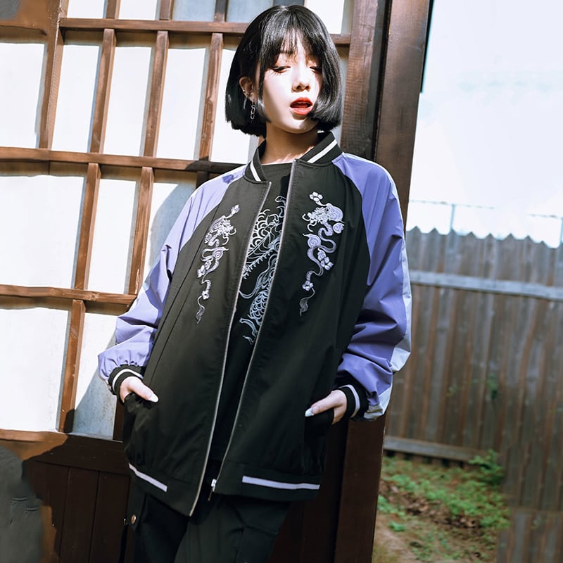 ✿New item! [Old Monster---Tatsuryu Series] ★China style outerwear★ Embroidery stadium jacket Color scheme Black Purple