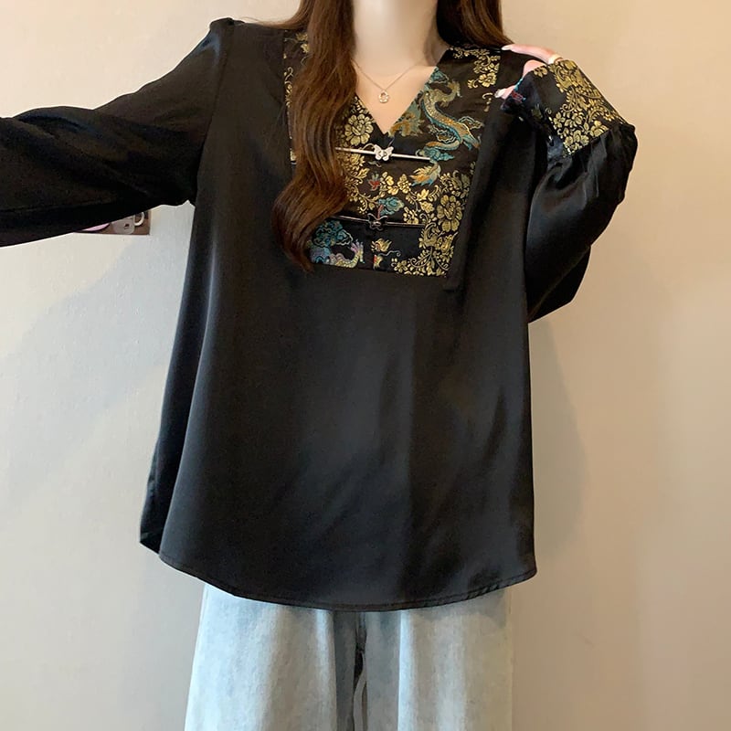 [YIPINSHAN Series]★Chinese style tops★ 2color tops shirt V-neck Chinese clothes Improve your temperament