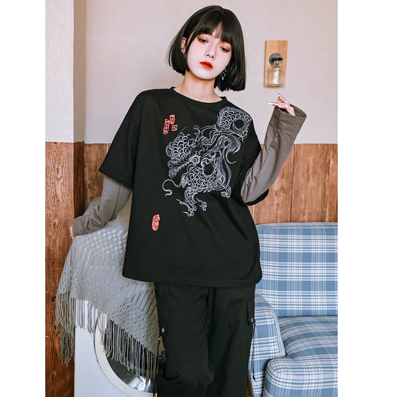 ✿New item! [Old Monster --- Cloudflies Series] ★China style tops★ T-shirt fake layered dragon dragon crest unique