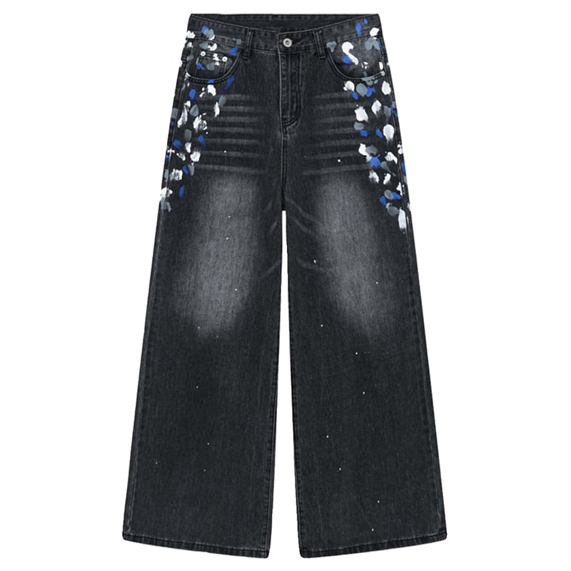 [M7 Series]★Denim Pants★ 2color Pants Bottoms Unisex Men's Graffiti Print Black Blue