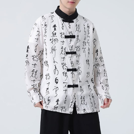 [YISHUO Series] ★China style shirt★ Long sleeve shirt Letter pattern Unisex Men's Large size Improved Tang suit Retro