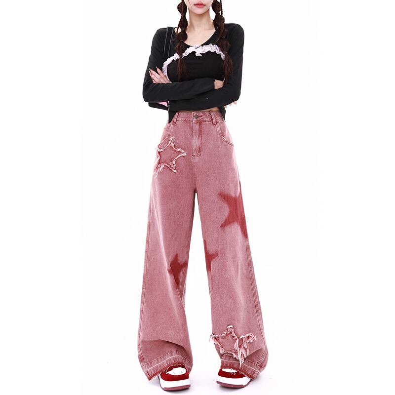 [MJWSL Series]★Denim Pants★Bottoms Trousers Gaucho Pants Women's Stylish Star Pattern