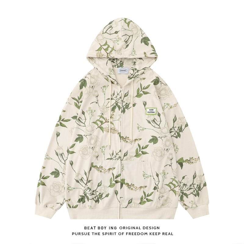 [BEAT BOY Series]★Outerwear★ Parka with zipper, floral pattern, green jacket with hood, unisex, men and women