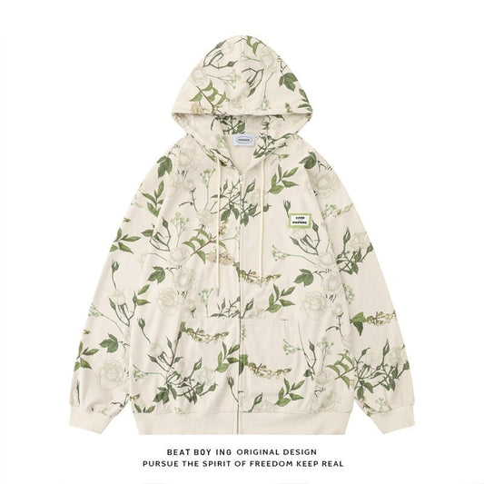 [BEAT BOY Series]★Outerwear★ Parka with zipper, floral pattern, green jacket with hood, unisex, men and women