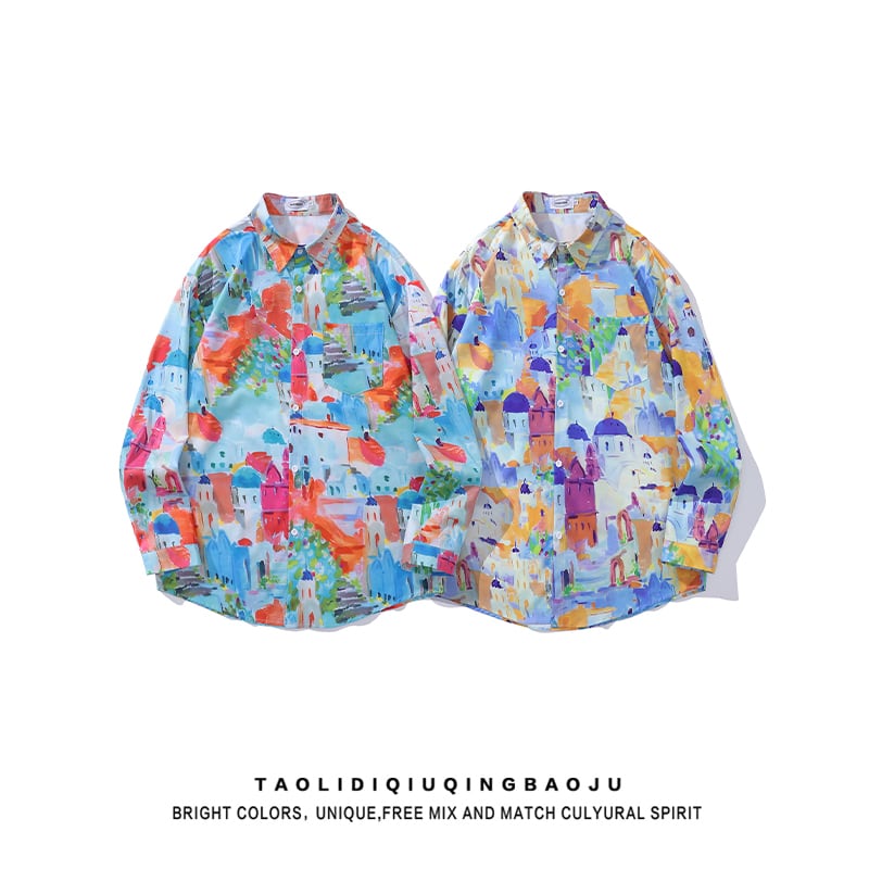 [MOISHE TIDE Series]★Shirt★ 2color Tops, Long Sleeve Shirt, Floral Shirt, Unisex, Men's, Graffiti, Color