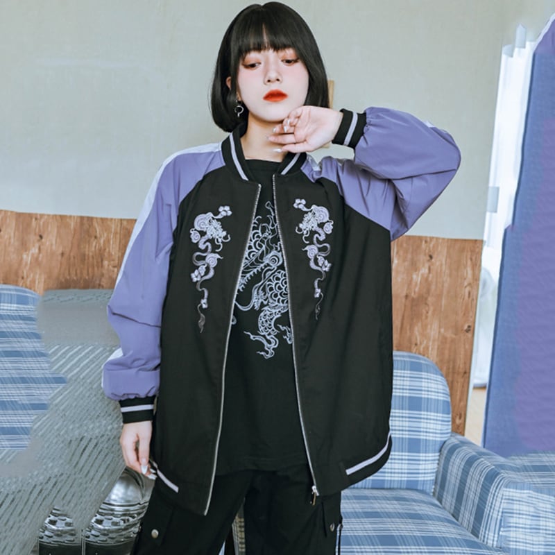 ✿New item! [Old Monster---Tatsuryu Series] ★China style outerwear★ Embroidery stadium jacket Color scheme Black Purple