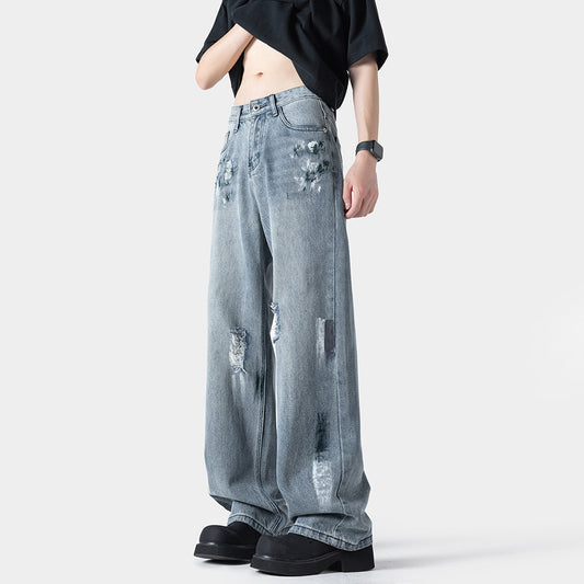 [BIGEMAN Series] ★Denim pants★ Trousers Bottoms Unisex Men's Distressed Stylish Blue