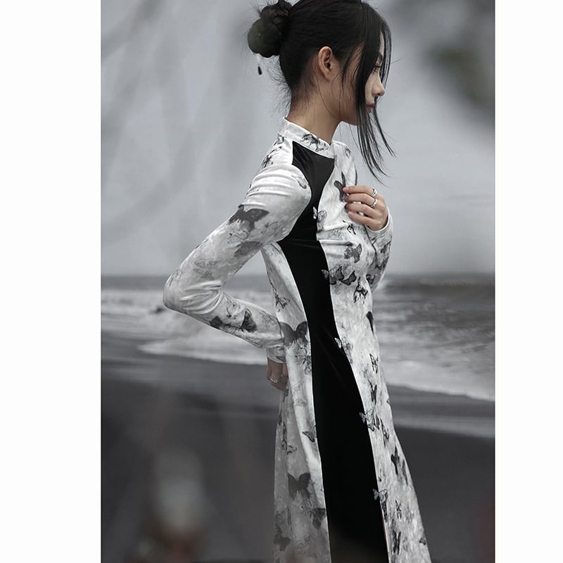 ✿New item! [Da Qinglong Shu Series] ★China style dress★ Cheongsam dress velvet butterfly long length color scheme slimming