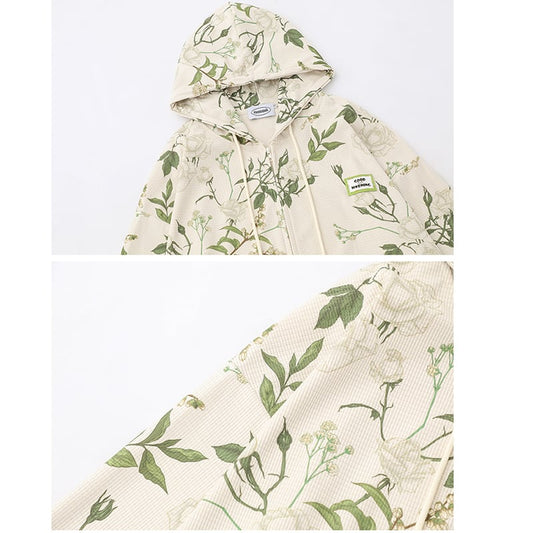 [BEAT BOY Series]★Outerwear★ Parka with zipper, floral pattern, green jacket with hood, unisex, men and women