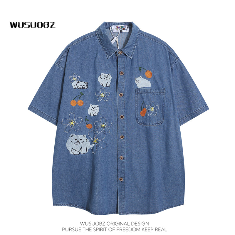 [WUSUOBZ Series] ★Shirt★ Denim shirt top short sleeve embroidery unisex men women cartoon