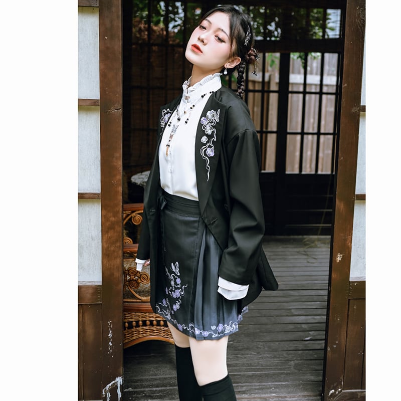 ✿New item! [Ancient monster house --- butterfly series] ★China style skirt★ Maki skirt bottoms short length black black Hanfu skirt