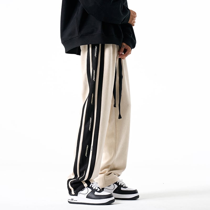 [PPG Series]★Casual Pants★ 3color Suede Bottoms Pants Unisex Men's Vertical Striped Striped Pattern Black Beige Green