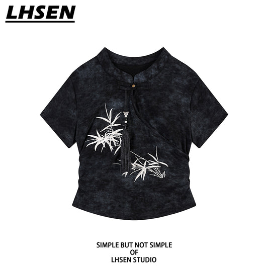 [LHSEN series] ★Chinese style tops★ 2 colors Embroidered T-shirt Easy to match Slimming Black Beige