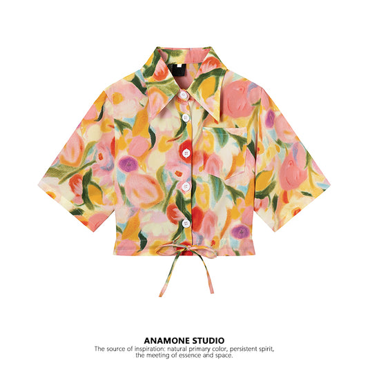 [ANAMONE STUDIO Series] ★Shirt★ Tops for women, SML, short length, stylish, slimming, oil painting style