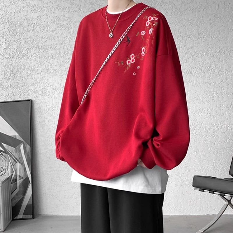 [CHAOMEICHEN Series]★China style tops★ 4color embroidered sweatshirt unisex men's large size black red gray