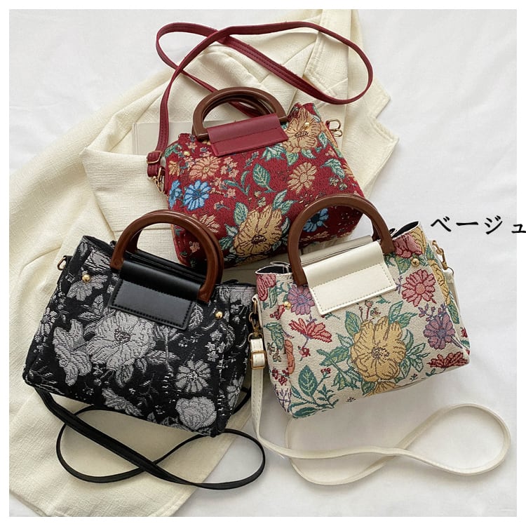 [YUJIAN series]★Bag★ 3color shoulder bag oil painting style floral pattern cute black beige wine red