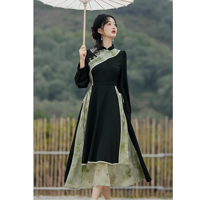 [Hanamori Series]★Chinese style dress★ Improved Chinese dress, fake layered, cute Chinese clothing