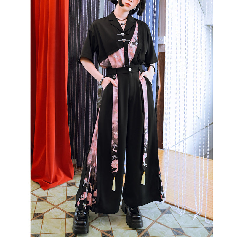 [Kokaisha---Butterfly Gin Series] Chinese-style trousers, bottoms, gaucho pants, original, slimming, switching, floral pattern