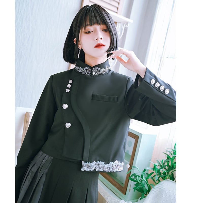 ✿New item! [Kokaisha --- Kaiten Series] ★China style outerwear★ Blazer, short length, embroidery, easy to match, black, black