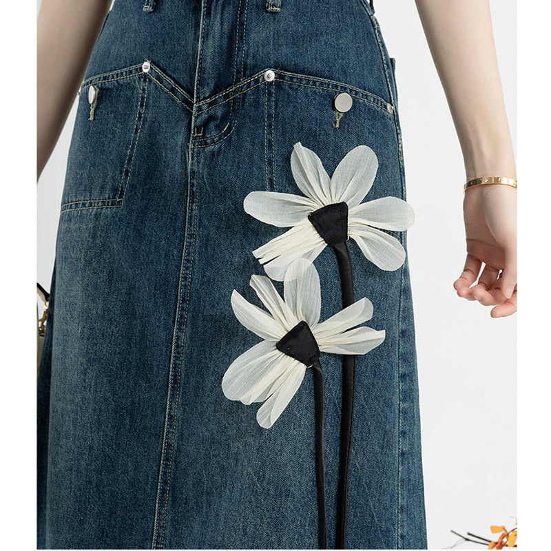 [XIAOMILI Series] ★ Skirt ★ Bottoms Denim skirt Floral pattern Blue Women's Fashionable Easy to match