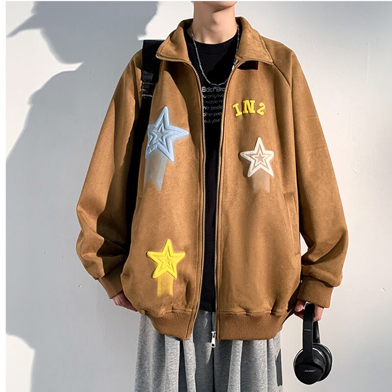 [ZUNKUN series]★Jacket★ 3color outerwear unisex men's suede star pattern brown black green