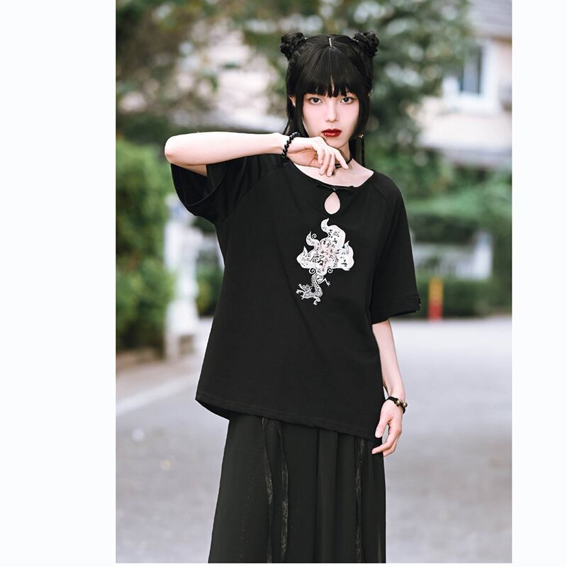 [Kokaisha --- Kirin Series] ★China style top★ T-shirt embroidered cotton Easy to match Black Black