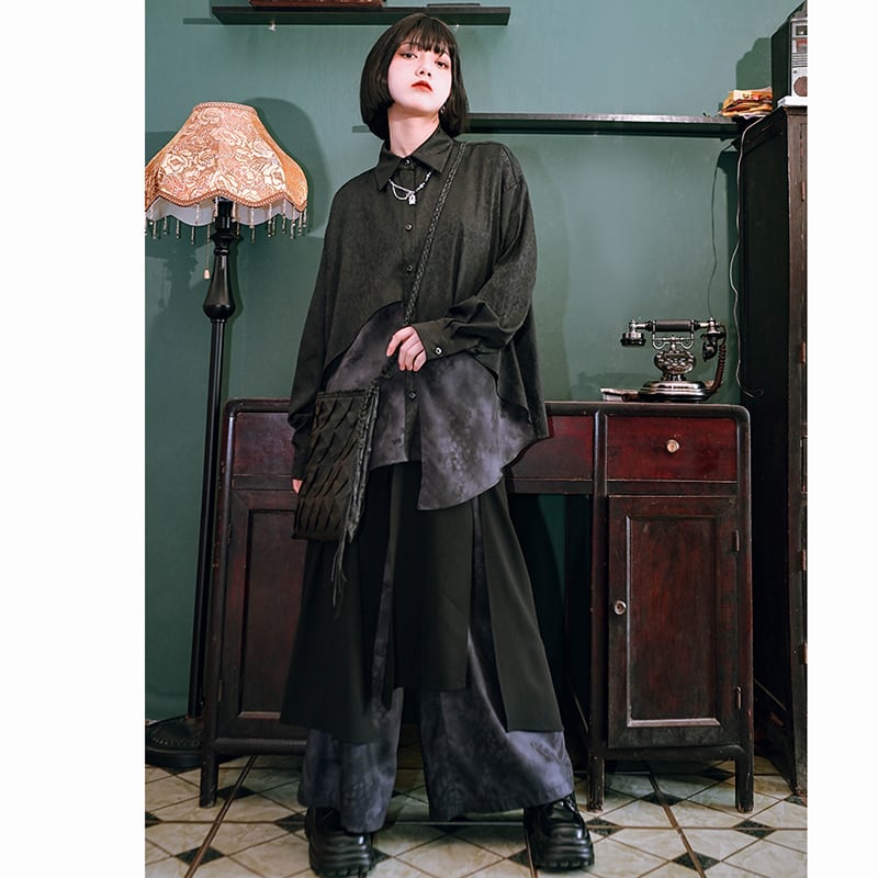 ✿New item! [Old Monster---Dragon Dyed Series] ★China Style Shirt★ Tops Long Sleeve Shirt Original Asymmetrical Unique Black Black