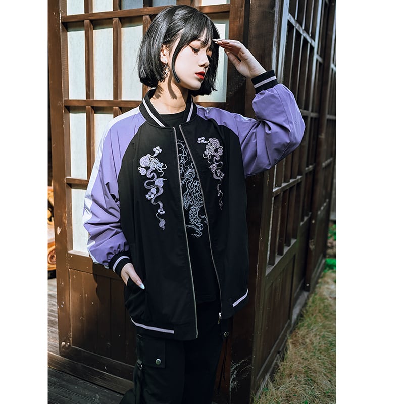 ✿New item! [Old Monster---Tatsuryu Series] ★China style outerwear★ Embroidery stadium jacket Color scheme Black Purple