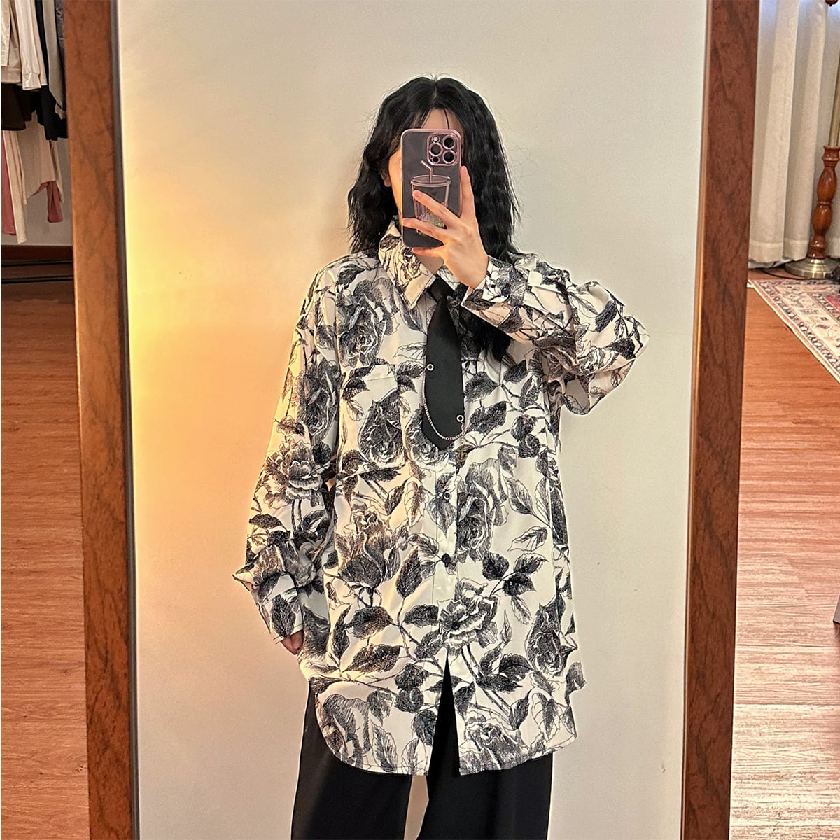 ✿New item! [UATONLINE Series]★Shirt★ 2color Shirt with tie, long sleeve shirt, floral pattern tops, unisex, men's print, ink pattern