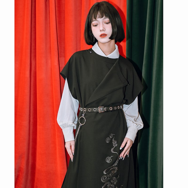 ✿New item! [Old Monster---Tatsuryu Series] ★Chinese style dress★ Sleeveless Hanfu dress Black Black