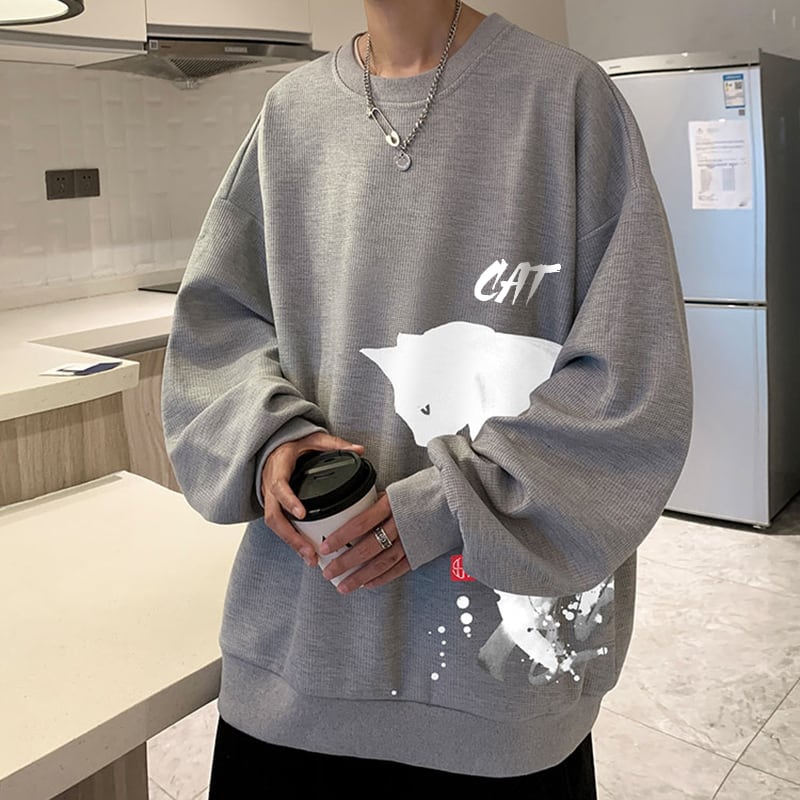 [WUSHE Series] ★Tops★ 4color long sleeve tops sweatshirt unisex men's large size cat cat cat black white gray blue